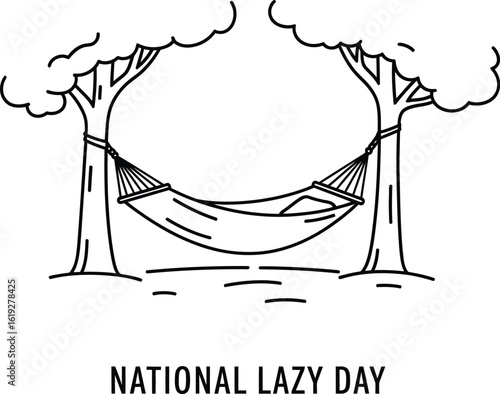 Illustration of a person relaxing in a hammock for national lazy day the design features a simple line drawing of a hammock strung between two trees