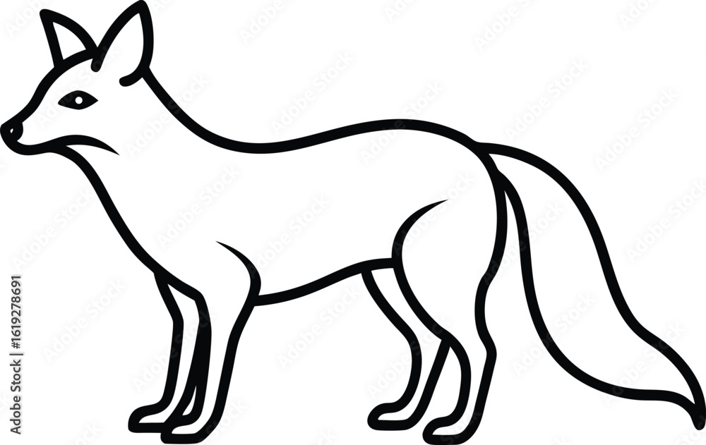 Fototapeta premium Stylized black and white outline drawing of a fox standing on a white background animal wildlife