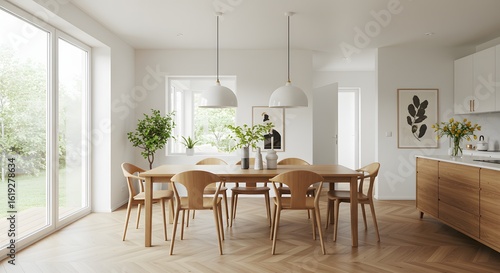 Modern Dining Room Interior with Wooden Table, Chairs, and Natural Light