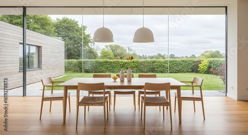 Modern Dining Room with Large Windows and Garden View