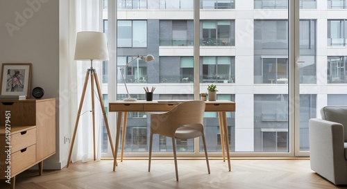 Modern Home Office Interior with City View