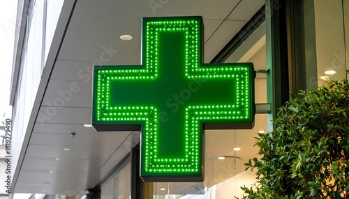 Illuminated green cross highlighting contemporary pharmacy services and health needs with urban