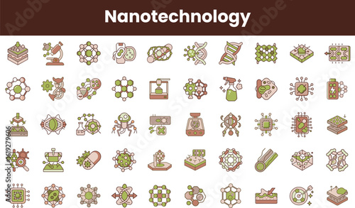 A vibrant collection of nanotechnology icons, showcasing various elements like molecules, DNA strands, and laboratory tools, all in a cohesive and modern design.