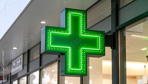 Illuminated green cross outside a pharmacy indicates health and wellness services available