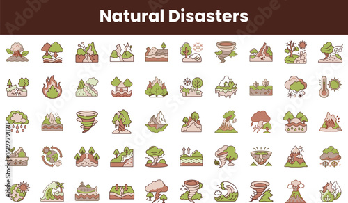 A colorful collection of illustrations depicting various natural disasters, including earthquakes, floods, and wildfires, emphasizing environmental challenges and awareness.