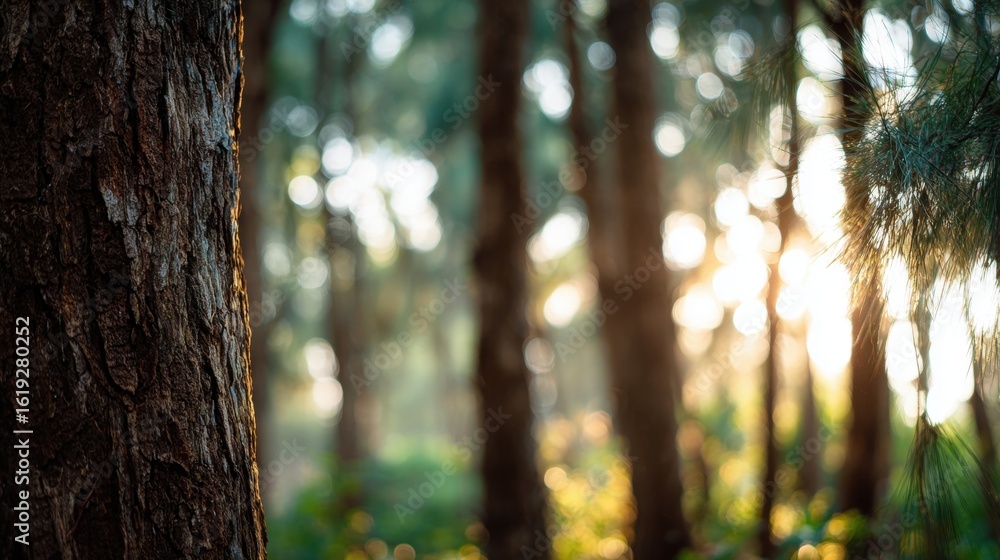Fototapeta premium Sunlit Pine Forest, Tranquil Nature Background