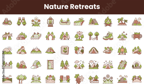 A vibrant collection of nature-themed icons featuring mountains, tents, trees, and outdoor activities, perfect for representing eco-friendly adventures.