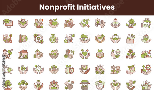 A vibrant collection of icons representing various nonprofit initiatives focused on environmental conservation, education, and community support with earthy color tones.