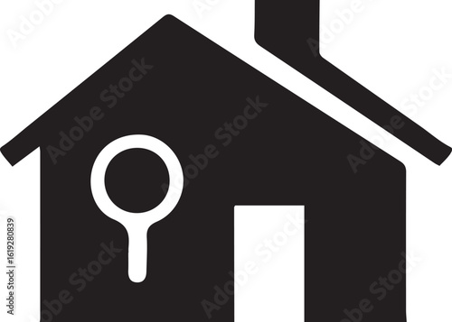 Real Estate Search Icon Depicting a House with a Magnifying Glass, Symbolizing Property Exploration and Home Discovery Process