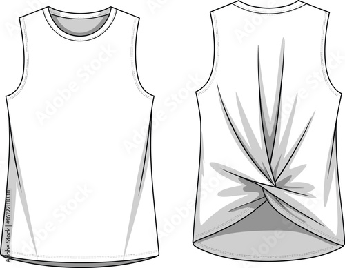 Fashionable white sleeveless top for women with a trendy twisted knot detail on the back, ideal for summer and activewear.