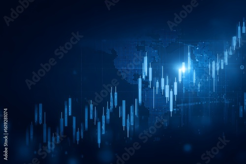 Blue stock market graph background with glowing lines and candlestick chart, financial data or business growth 