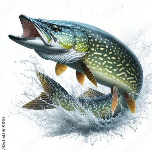 Curved northern pike leaping with intense water splash. Clean white backdrop ideal for print on clothes and fishing gear
