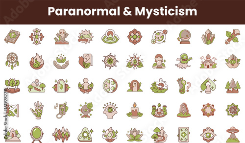 A colorful collection of mystical and paranormal icons, featuring symbols like crystals, dreamcatchers, and magical creatures, creating a whimsical and enchanting atmosphere.
