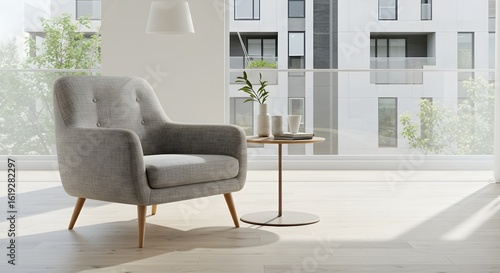 Modern Living Room Interior with Armchair and City View