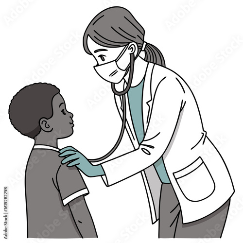 Vector art of a doctor wearing a mask and stethoscope examines a young boys chest in a medical illustration