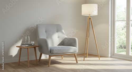 Modern Living Room Interior with Armchair, Floor Lamp and Side Table