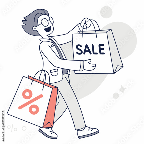 Vector art of a happy man with glasses joyfully carries shopping bags, one labeled sale and the other with a large percentage symbol, signifying a successful shopping spree