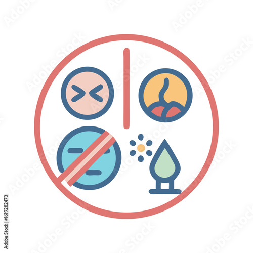 Vector art of a prohibition sign with icons representing negative emotions, a bad smell, and a liquid drop, indicating a warning or restriction