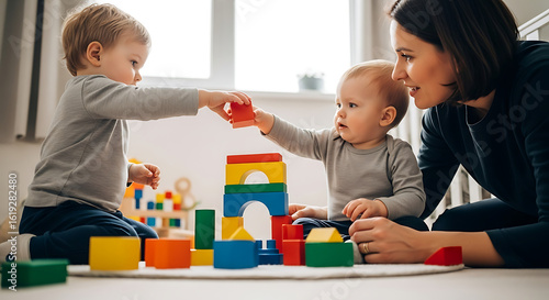 Toddlers Playing with Colorful Building Blocks A Mother's Joyful Moment