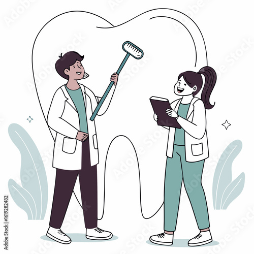 Vector art of dentist and dental hygienist cleaning a large tooth with a brush, symbolizing oral health and dental care