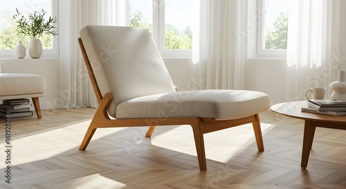 Modern Living Room Interior with Designer Chair, Coffee Table, and Natural Light