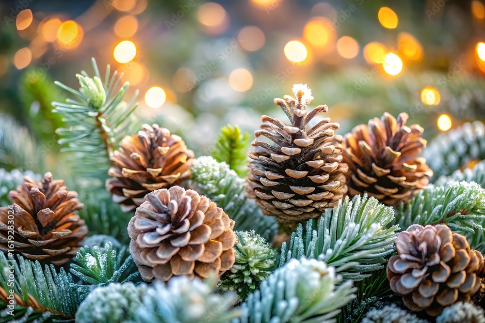 A closeup view of several pine cones nestled amongst frosted fir branches with blurred festive lights in the background A closeup view of several pine cones nestled amongst frosted fir branches with blurred festive lights in the background
