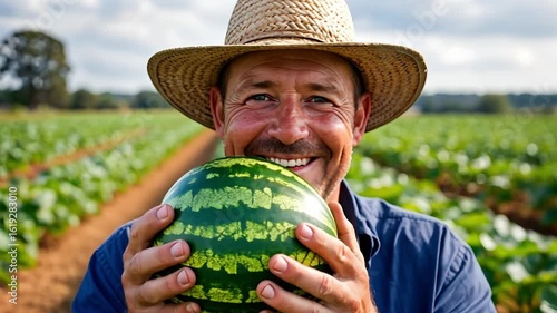 Happy farmer holding a fresh watermelon, smiling broadly while standing in a lush, cultivated field under the warm summer sun