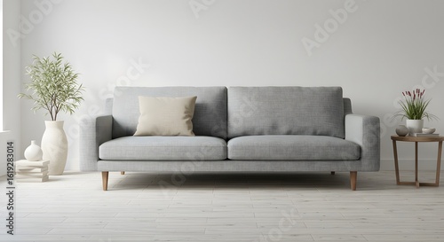Modern Living Room Interior with Grey Sofa and Plants