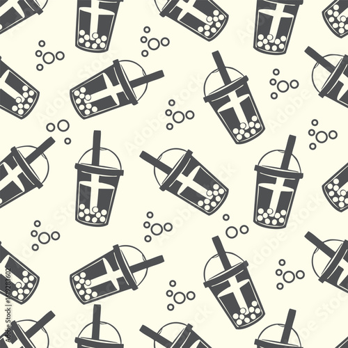 Seamless pattern bubble tea drink doodle drawing. Food and beverage vector illustration.