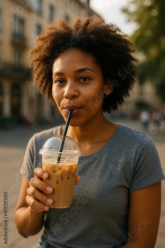Young Woman Enjoying Iced Coffee Outdoors on a Warm Day