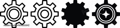 Four black and white gear icons with different styles and details cogwheel mechanical