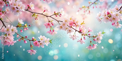 Delicate Pink Blossoms on Branch, Soft Springtime Backdrop of Pastel Hues and Gentle Light