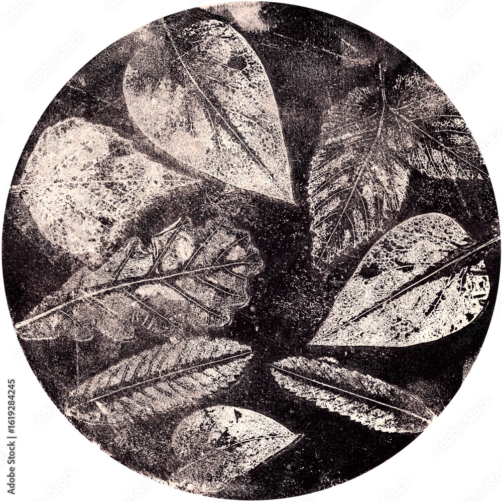 Fototapeta premium imprints of real leaves on paper, creative abstract grunge background