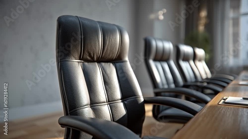 An elegant boardroom setup featuring luxurious black chairs and a polished meeting table.