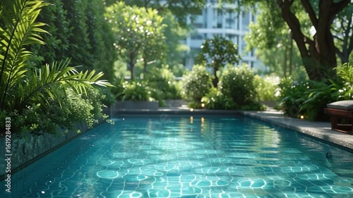 A serene pool area surrounded by lush greenery and cozy lounge chairs.
