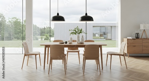 Modern Minimalist Dining Room Interior with Large Windows and Natural Light