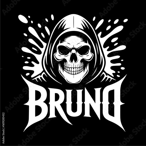 A stark black and white illustration of a skull wearing a hooded cloak, with the name "Bruno" below.