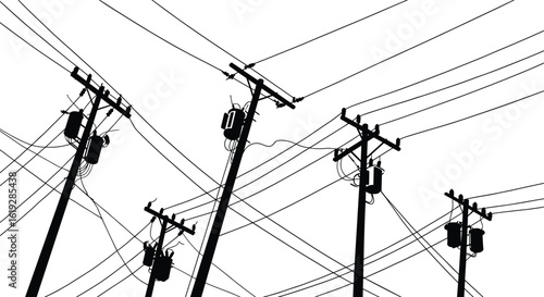Multiple electric utility poles silhouette, black power lines, transformer boxes, urban energy infrastructure, high voltage cables, vector art, white background illustration