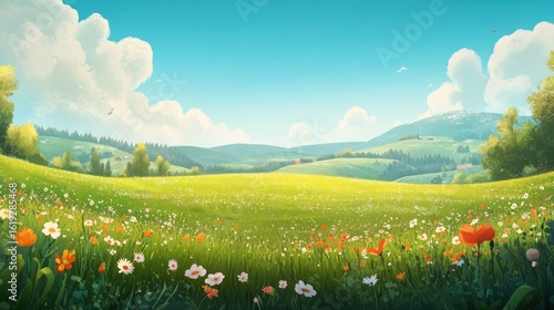 Fototapeta Naklejka Na Ścianę i Meble -  A picturesque, sun-drenched meadow stretches towards rolling hills, dotted with wildflowers and charming houses. Lush green grass, vibrant blossoms, and a clear blue sky with fluffy clouds create a se
