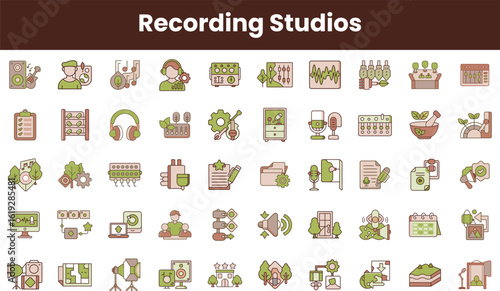 A vibrant collection of recording studio icons showcasing various elements like microphones, speakers, and soundboards, ideal for music production themes.