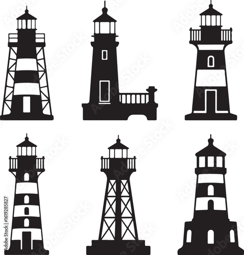 Six black lighthouse silhouettes maritime navigation