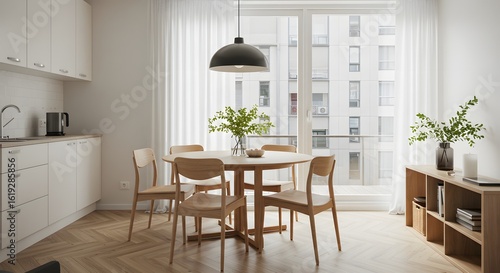 Modern Scandinavian Kitchen Interior with Dining Table and City View