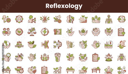 A collection of hand-drawn icons representing reflexology, including healing, balance, and nature themes in earthy tones, perfect for wellness and therapy concepts.