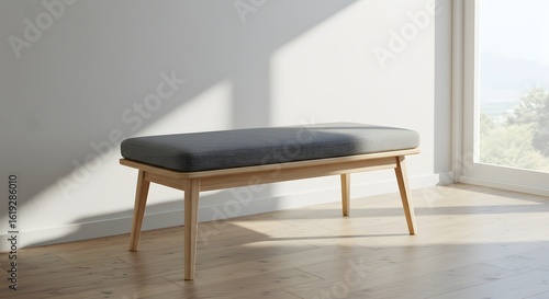 Modern Wooden Bench with Grey Fabric Seat in Bright Interior