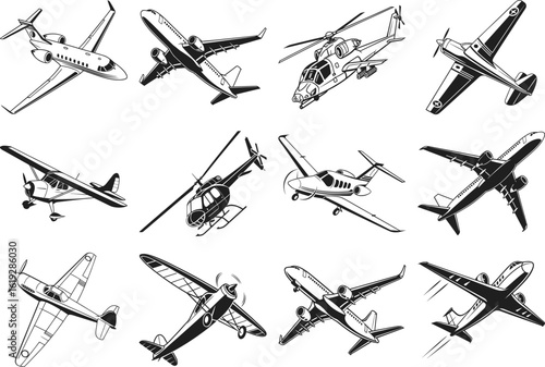 A dynamic collection of black and white illustrations showcasing various aircraft, including planes and helicopters