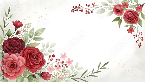 Wallpaper Mural Watercolor floral frame with red roses berries and leaves for invitation Torontodigital.ca