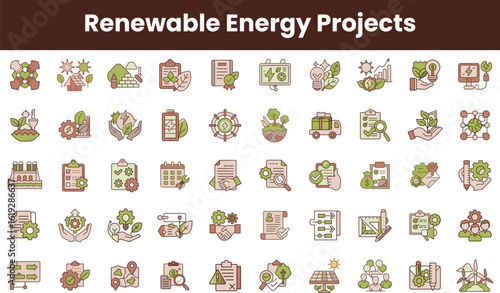 Colorful icons representing various renewable energy projects, showcasing wind, solar, water, and recycling themes in a visually engaging layout.