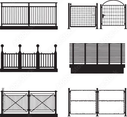 Various black metal fences and gates railing