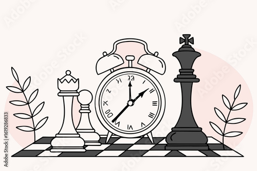 A still life showcases an alarm clock set against a pink backdrop, surrounded by chess pieces on a chessboard, depicting themes of strategy, planning, and time management with classic pieces