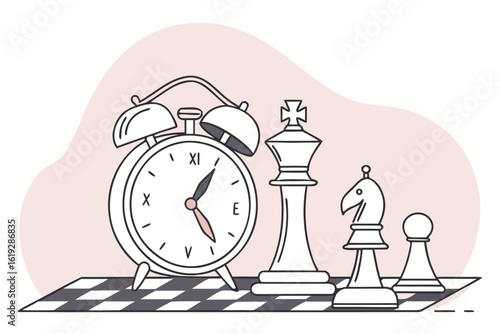 A still life showcases an alarm clock set against a pink backdrop, surrounded by chess pieces on a chessboard, depicting themes of strategy, planning, and time management with classic pieces